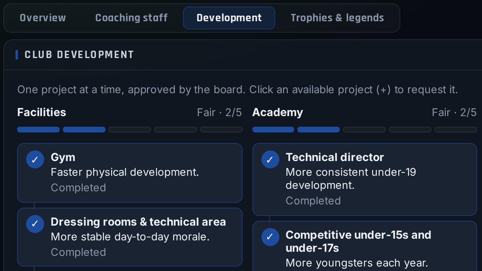Club development, in-game screen