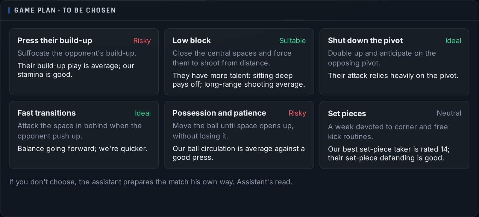 Game plan, in-game screen
